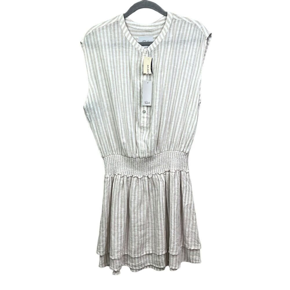 Rails Womens Angelina Dress Dune Stripe Linen Blend Smocked Waist Beige Sz L*